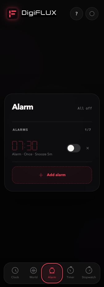 Actual DigiFLUX Alarms screen