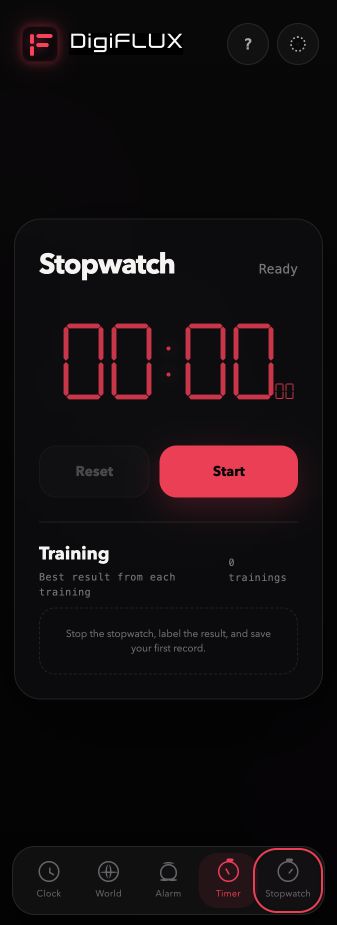 Actual DigiFLUX Stopwatch + Training screen