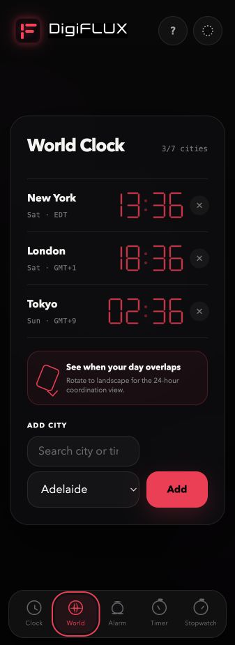 Actual DigiFLUX World Clock screen